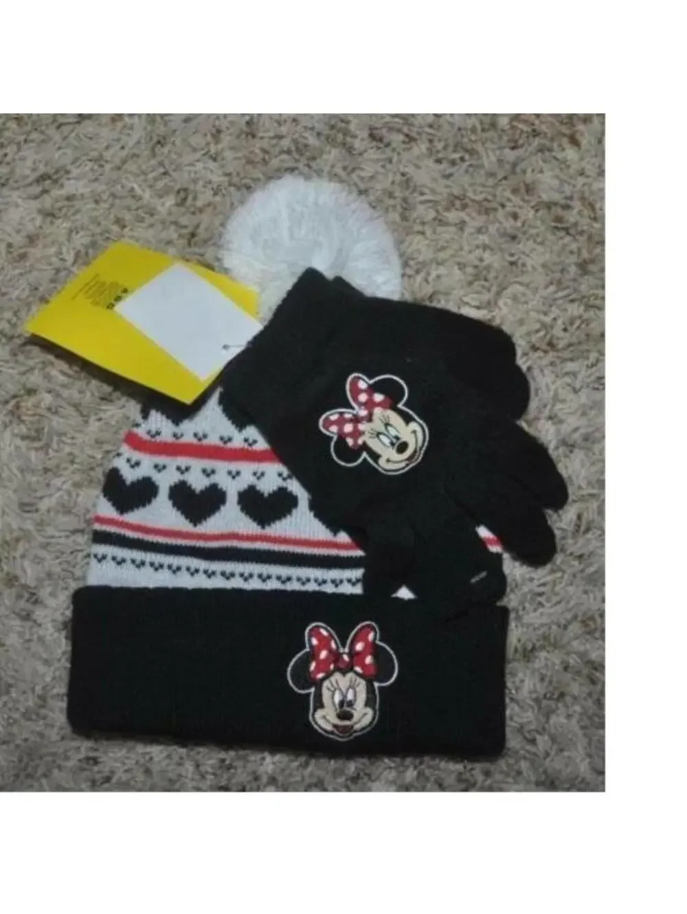 Girls Disney Minnie Mouse Winter Hat & Gloves Black White Hearts 2 Pc Set Beanie